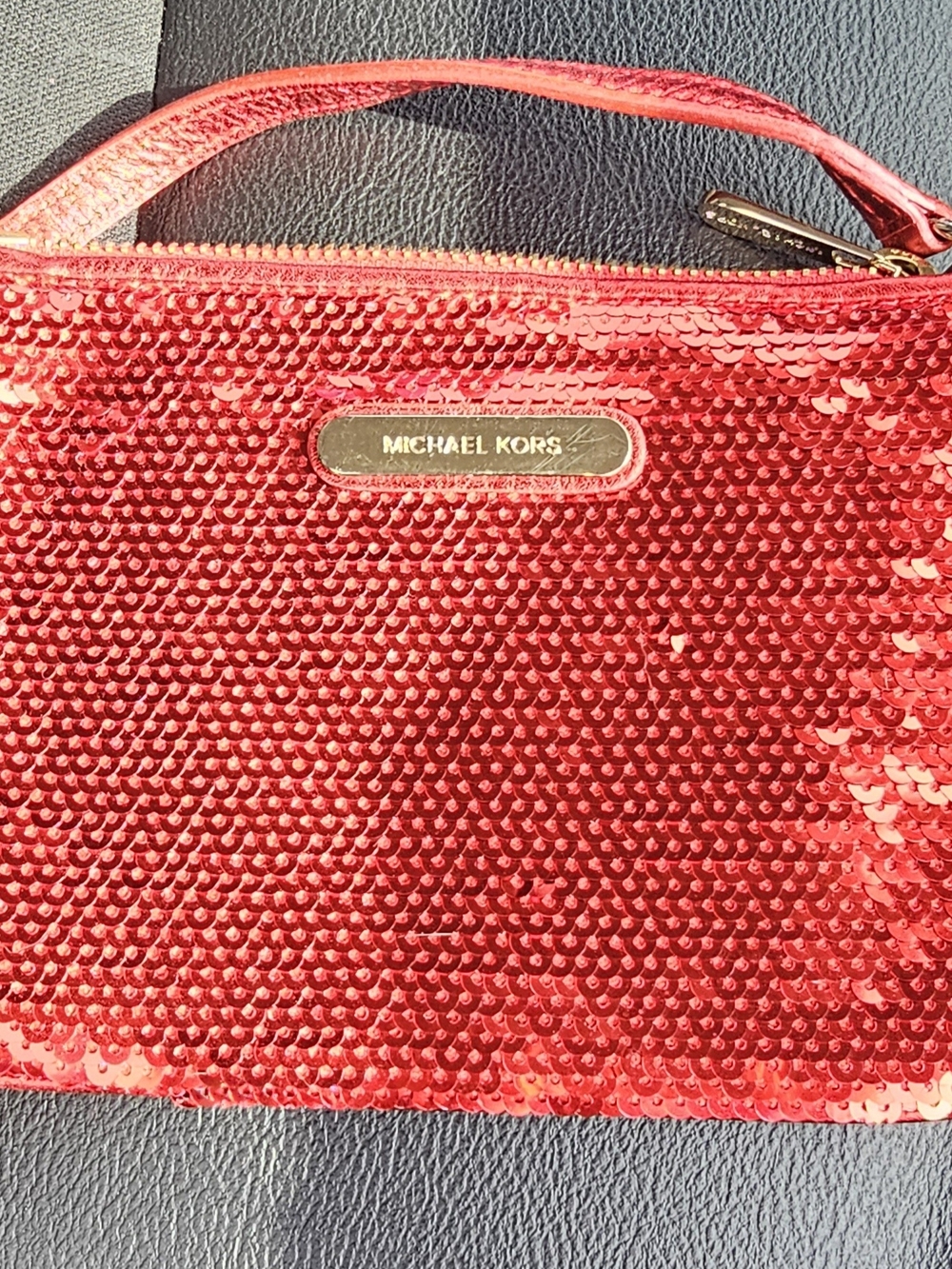 Michael Kors Red Sequin Wristlet with Gold Logo Plaque